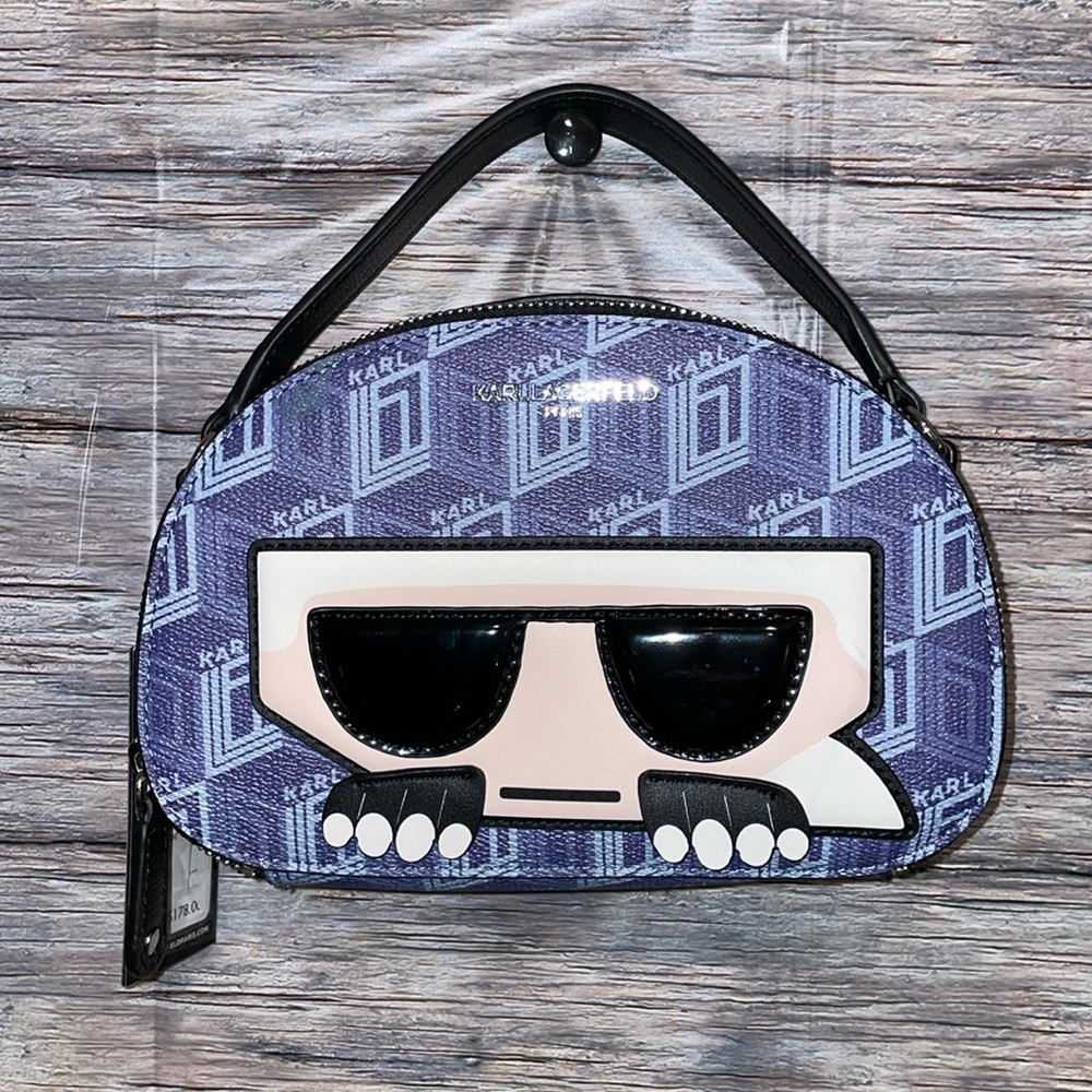 Karl Lagerfeld K/Ikonik Top‑Handle Bag – Blue Monogram Crossbody, Designer Style